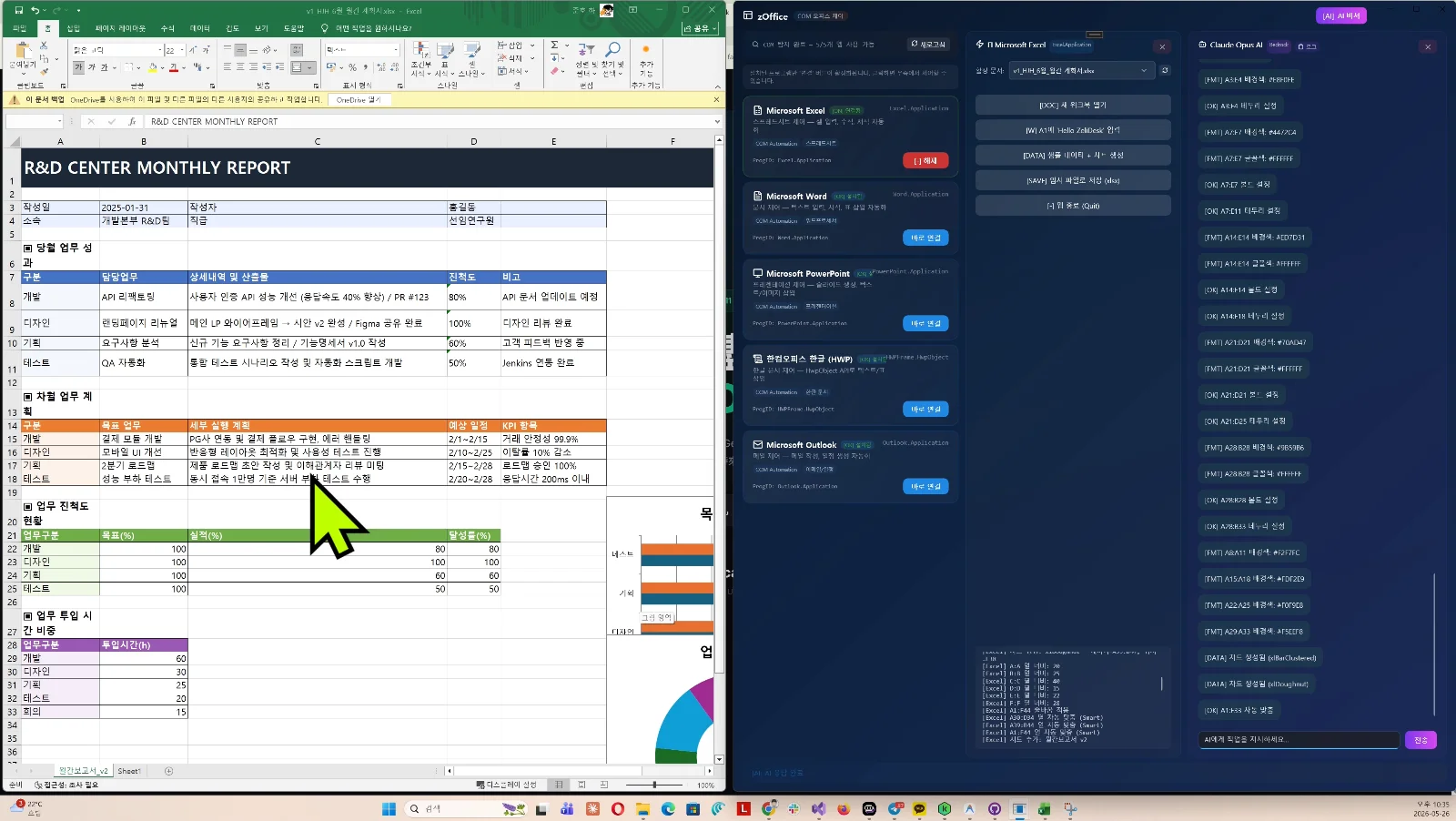 Actual screen where ZeliDesk zOffice AI automatically generated tables and charts in an R&D monthly report Excel document